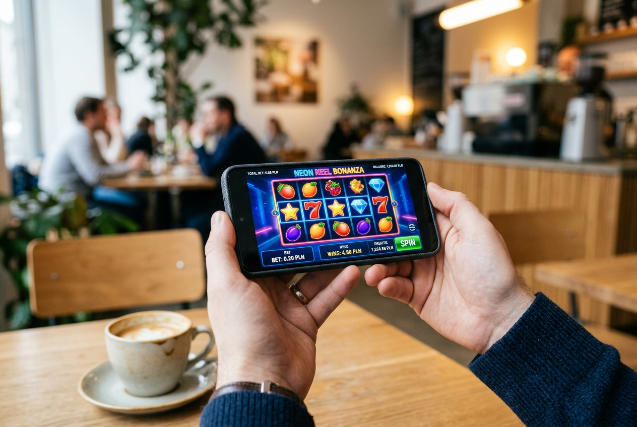 A mobile phone showing a colorful slot game with a low bet setting.